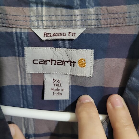 CARHARTT Men's 2XL Tall Plaid Long Sleeved Shirt Relaxed Fit Blue - Picture 5 of 9